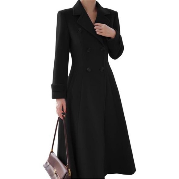 Womens Long Coat, Double Breasted Trench Coat Black - Picture 2 of 6